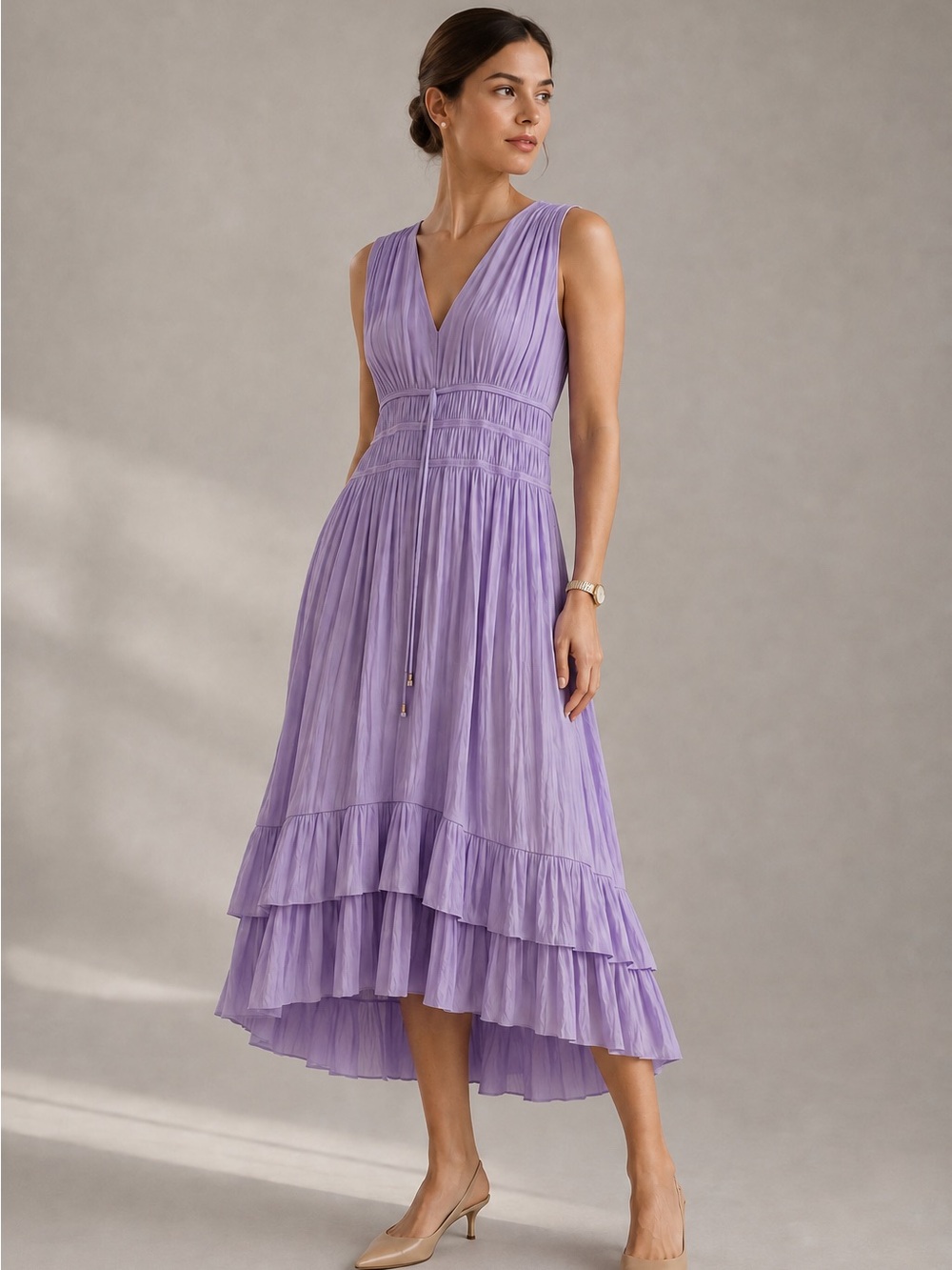 White House Black Market Midi Dress Pleated Ruffle Purple XSP Petite Wedding
